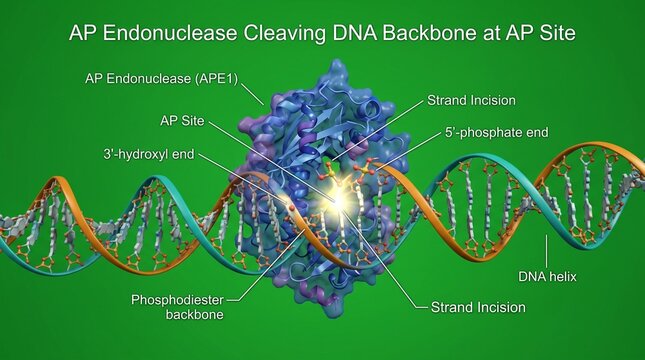 AP Endonuclease cleaving DNA phosphodiester backbone at AP site