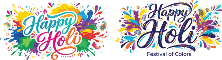 Fototapeta premium Happy Holi colorful splashes typography with paisley accents during festival celebration