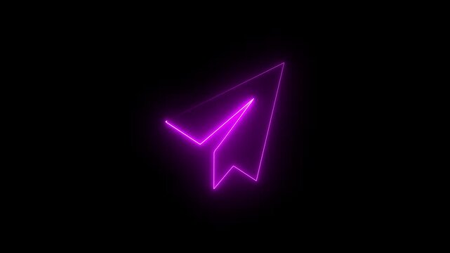 Paper Plane neon sign appear in center and disappear after some time. Animated pink neon icon on black background. Looped animation.4k motion video