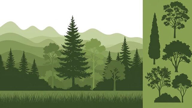 Animated vector forest landscape forms with various tree silhouettes on a green background