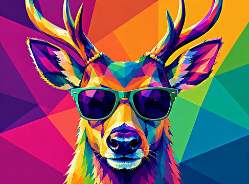 Colorful Geometric Deer Head with Sunglasses in Vibrant WPAP Pop Art Style