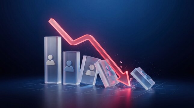 Red downward arrow smashing domino bar chart with user icons, Layoff and human resources loss concept with collapsing frosted glass blocks in downward trend