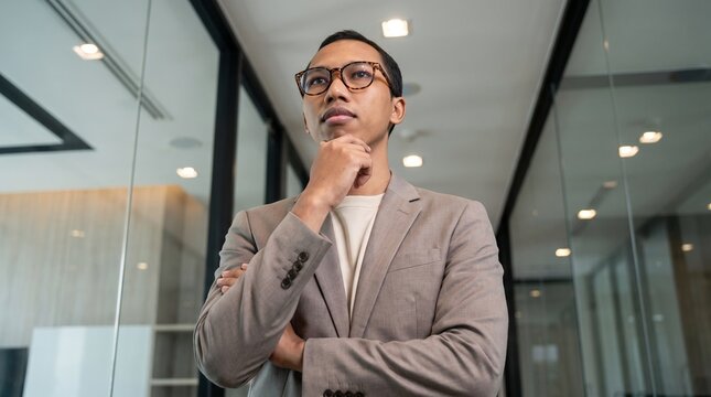 Young aged businessman ceo executive leader wearing suit holding hand in chin at work thinking on future question. Serious mature 30 years old business man investor standing in office looking away.