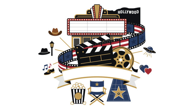 A graphic collection for 250 USA independence day featuring cinema elements like popcorn clapperboard and film reels in patriotic red white and blue