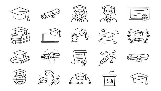 Hand drawn doodle graduation icons set. Minimalist black outline sketch elements for university, college degree achievement, students, and academic success. Vector illustration.