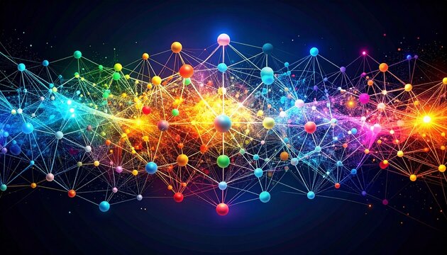 Colorful molecular network with central cluster and connected nodes, symbolizing data flow, scientific complexity, and interconnected digital systems.