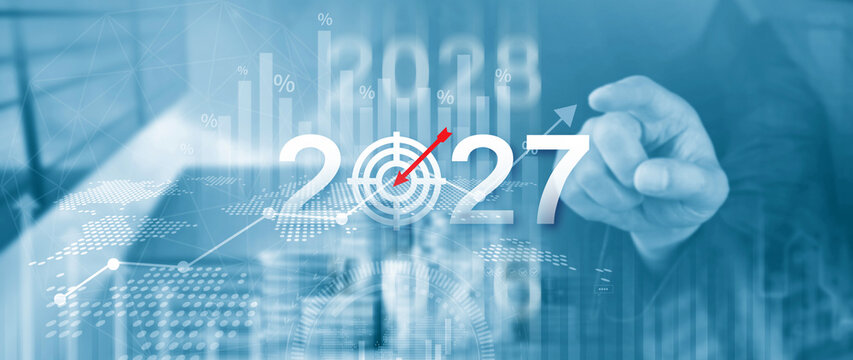 Vision 2027. Business Target for 2027, Businessman Pointing at Year 2027 with Dartboard Target Icon, Financial Goals and Business Strategy, Planning and Investment, not ai