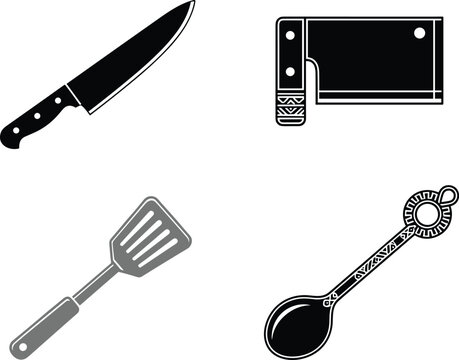 Kitchen utensils vector icon set featuring chef knife meat cleaver spatula and ornate spoon symbols on white background for culinary branding and menu design