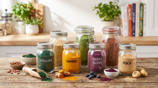 Organic superfood powders in jars with natural ingredients on wooden table