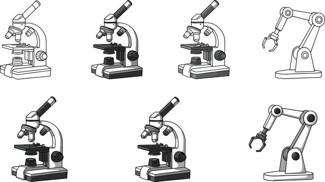 Laboratory equipment vector icon set featuring detailed scientific microscopes and automated robotic arm symbols on white background for technology and research marketing