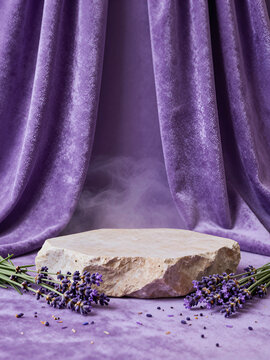 Lavender Sprigs Beside Stone Platform with Lavender Velvet Curtains, Romantic Still Life Product Display Scene for E-commerce Mockup