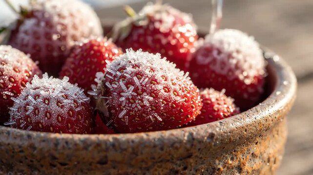 Cinematic macro shot of frozen strawberries covered in delicate ice crystals inside a rustic ceramic bowl with soft natural light