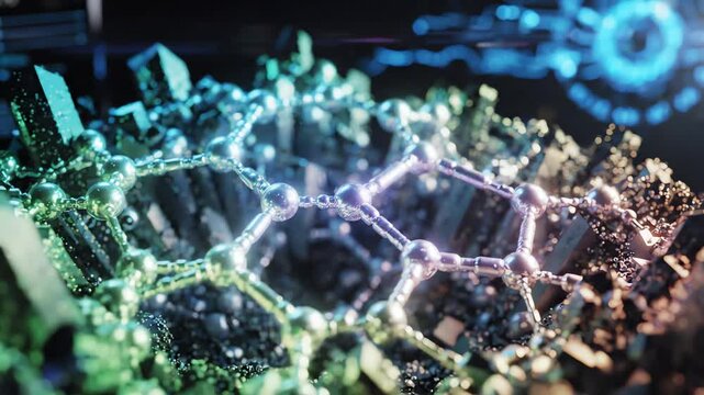 Cinematic macro shot of iridescent crystal lattices and chemical bonds forming in a vibrant laboratory simulation