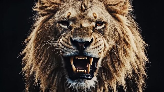 Angry lion roaring with open mouth baring sharp teeth in close-up portrait