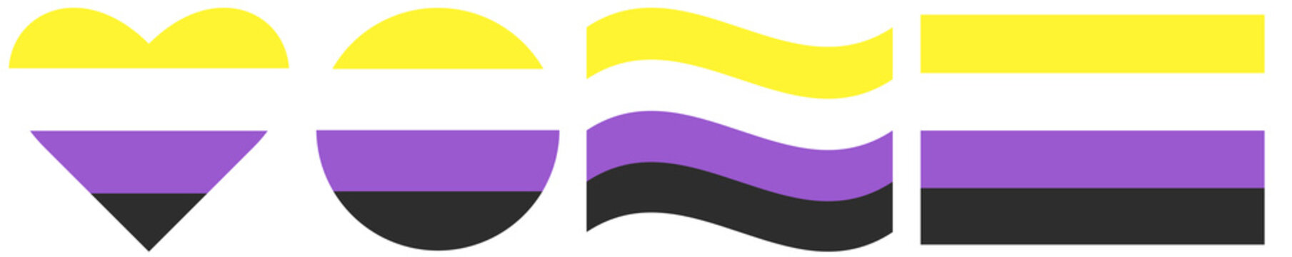 Non binary flags collection isolated. Non binary community flag in heart shape. Waving flag of non binary community isolated. Round flag of non binary pride in circle shape.