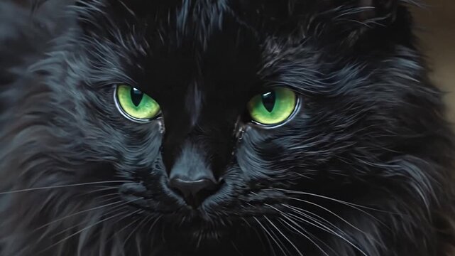A close portrait of a black cat with bright green eyes