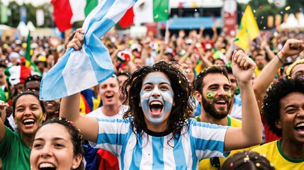 Naklejka premium Woman wearing Argentine soccer jersey screaming with joy in crowd of football fans. Sport supporter cheering for national team at stadium. Emotional victory and championship celebration.