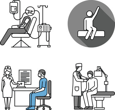 Medical treatment and hospital checkup vector icon set featuring patient chemotherapy consultation checkup procedure and doctor examination for healthcare web design