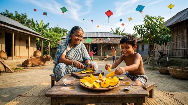 Happy grandmother and grandson sitting on bench in rural village setting slicing fresh mangoes on wooden table with colorful kites flying in bright blue summer sky above.