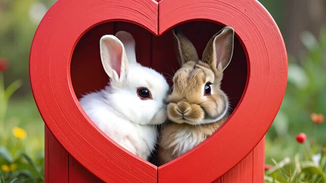 Two cute fluffy rabbits sitting inside a red wooden heart frame
