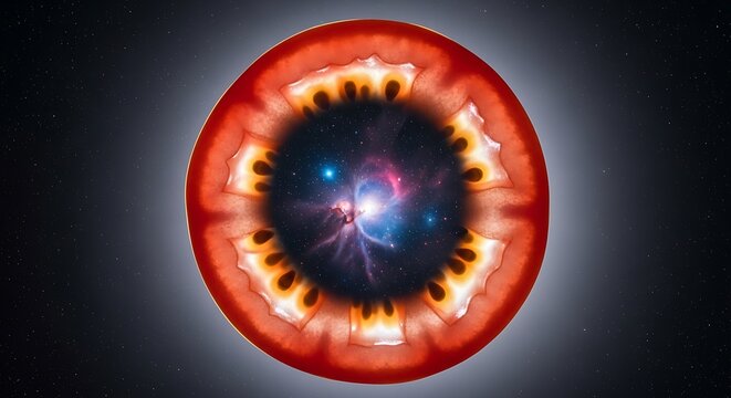 Red tomato slice revealing a deep space nebula galaxy center