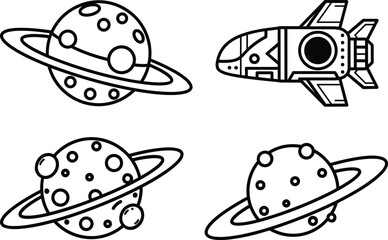 Fototapeta premium Minimalist outer space line icon set featuring futuristic rocket spaceship and ringed planets for commercial graphic design branding stickers and education