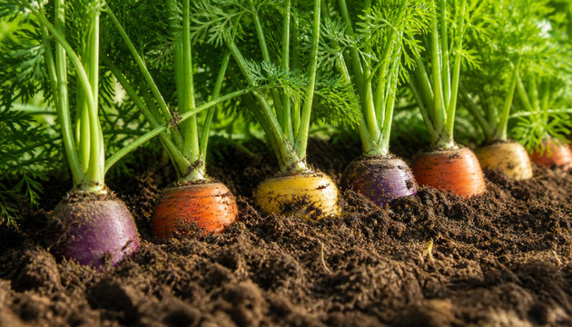 Colorful carrots growing in rich soil in a garden environment
