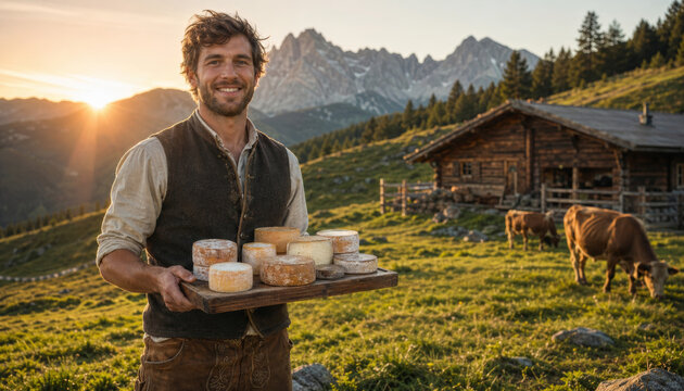 Man with cheese platter in scenic mountain landscape at sunset