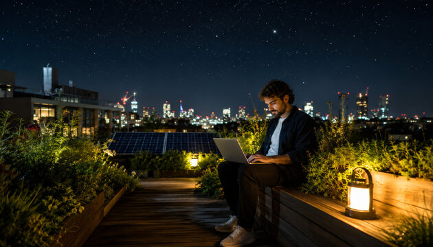 Man working on laptop under starry sky in urban setting