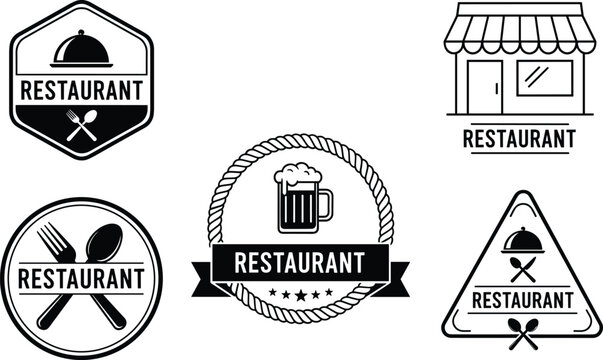Restaurant logo vector badge set featuring vintage linear emblems, food cloche icons, cutlery symbols, and beer mug graphics for culinary corporate branding