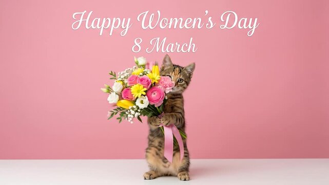 Cute Kitten Holding a Flower Bouquet for International Women's Day