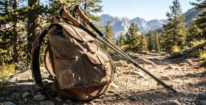 Backpacker backpack with trekking poles on rocky mountain trail, showcasing lightweight hiking, wilderness adventure, alpine exploration and outdoor endurance