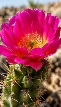 Close-up of vibrant pink cactus flower in natural habitat