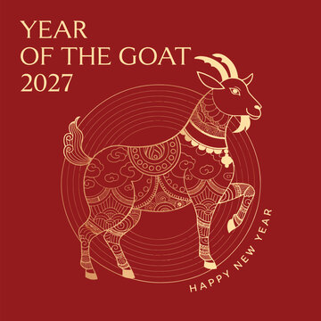 Festive Chinese New Year graphic celebrating the Year of the Goat 2027 with golden line art illustration on red background
