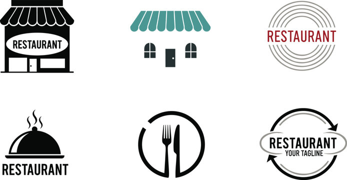 Restaurant logo vector template set featuring storefront awnings food cloche and cutlery emblems for cafe branding and culinary identity design