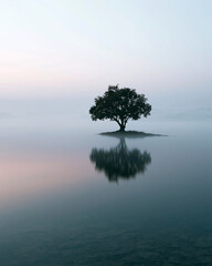 Obraz premium Single tree stands alone on misty water. Its reflection mirrors perfectly in calm surface. Sky fades gently from pale pink to soft blue. 