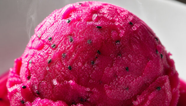 Colorful dragon fruit sorbet in a white bowl close-up shot