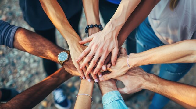 Diverse hands stacked together in unity