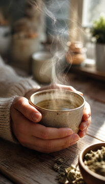 Warm cup of steaming tea in cozy hands at home