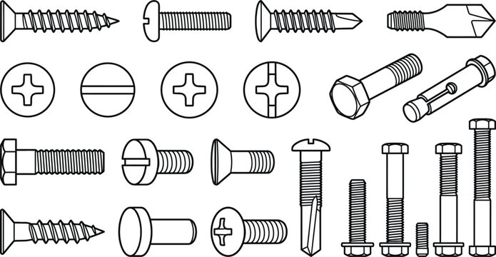 Industrial hardware screws bolts and metal nails set, top and side view technical fasteners line art vector