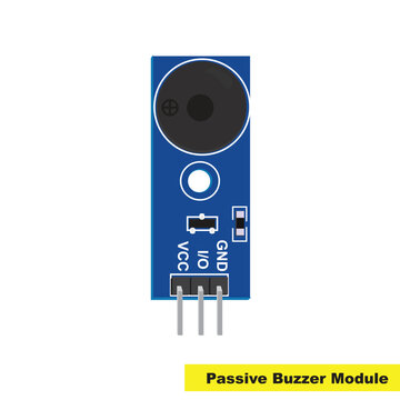 High-quality vector illustration of a passive buzzer module isolated on a white background. This electronic component is commonly used with Arduino, ESP32, Raspberry Pi, and other microcontroller.