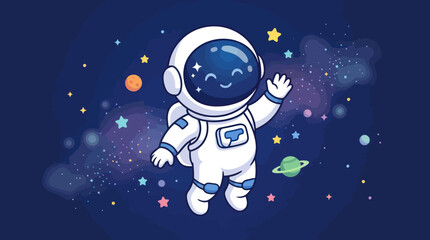 Naklejka premium Astronaut floating in space with cartoonish smile and colorful stars
