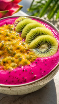 Colorful smoothie bowl with dragon fruit and kiwi slices