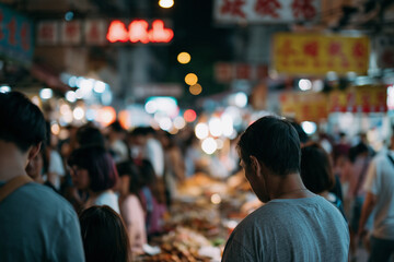 Fototapeta premium Night market buzzes with lively energy. Shoppers navigate stalls, eyes fixed on wares. Distant signs glow with warm, blurred lights. Folks move through crowds. Hue city, Vietnam - 02 June 2026