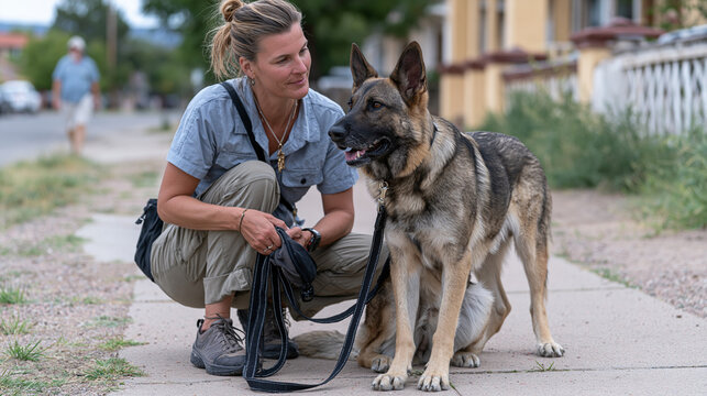 Certified dog behavior consultant crouches low on a suburban sidewalk during a reactive dog modification session, holding a high-value treat pouch steady while a leashed shepherd