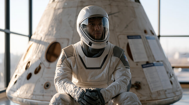 Private astronaut candidate practices emergency egress drills inside full-scale capsule mockup at commercial spaceflight training facility, instructors with stopwatches observing