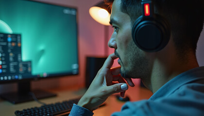 Fototapeta na wymiar Young man focused on gaming, with headphones, in a modern workspace