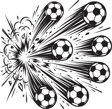 Dynamic black and white of multiple soccer balls exploding outward with speed lines and debris on a clean white background