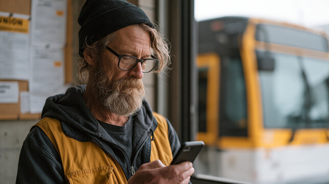 Bus driver scrolling through a microlearning mobile bite-sized safety refresher module on a phone during a layover, the empty bus visible behind him through the depot window,