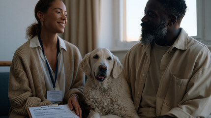 Psychiatric social worker sits across from a veteran in a therapy room as a trained emotional support animal rests across both their laps, paperwork on a clipboard labeled